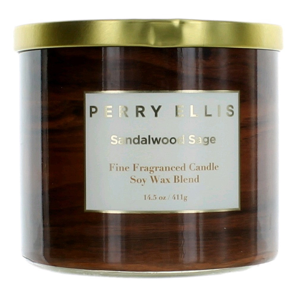Bottle of Perry Ellis 14.5 oz Soy Wax Blend 3 Wick Candle - Sandalwood Sage .